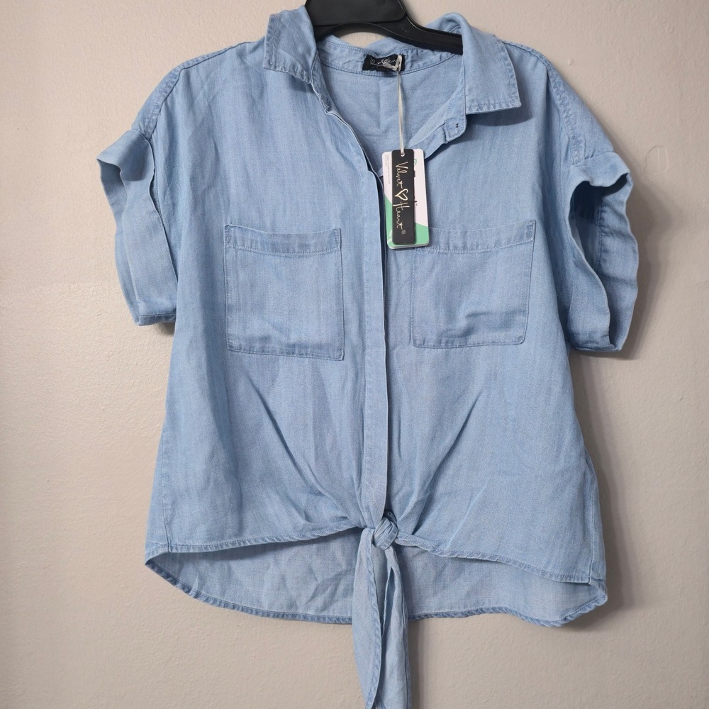 Velvet Heart Los Angeles Women Blue Tencel Tie Front Short Sleeve Shirt Medium - Picture 2 of 11